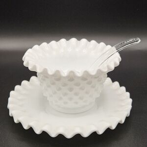 Vintage Fenton Milk Glass Hobnail Mayonnaise Bowl Plate & Spoon Condiments Mayo